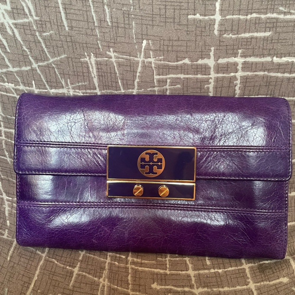 Tory Burch Purple Gold Leather Clutch with Pleated Design